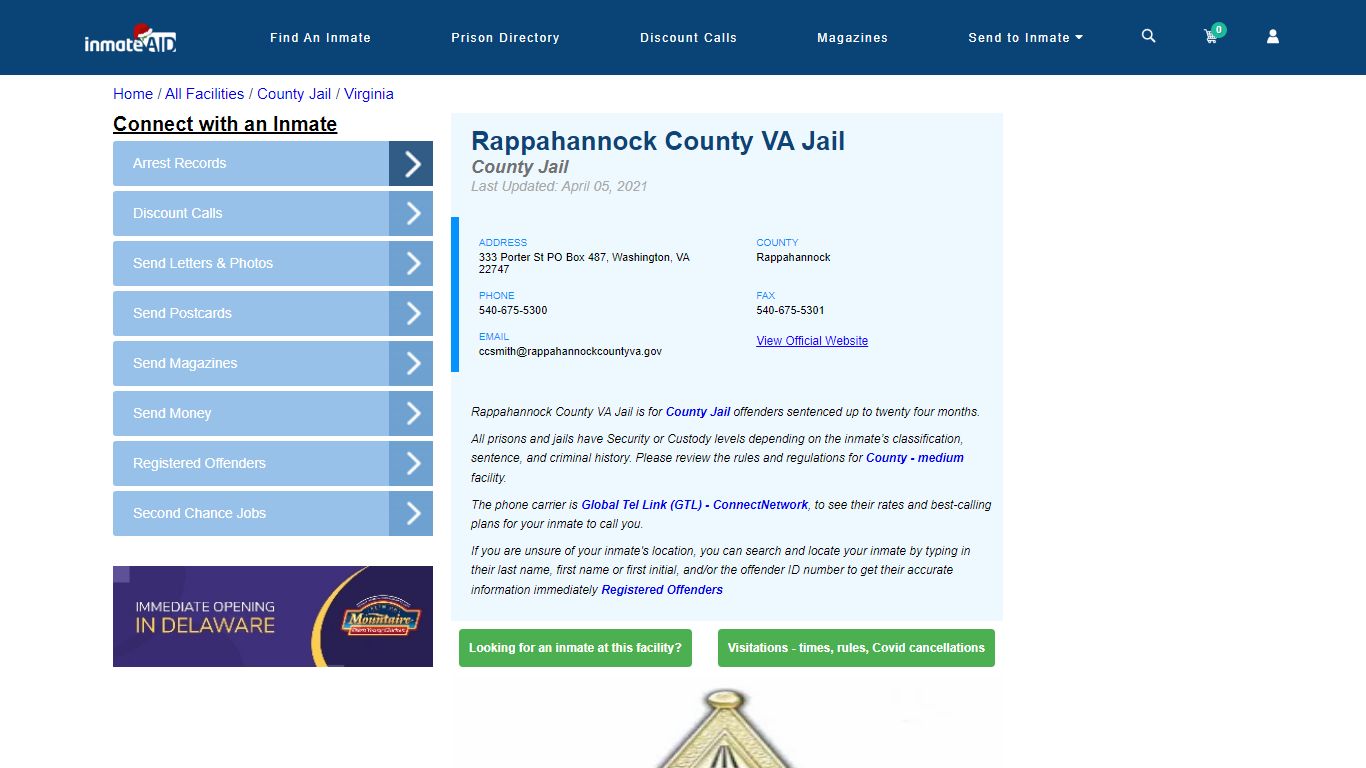 Rappahannock County VA Jail - Inmate Locator - Washington, VA