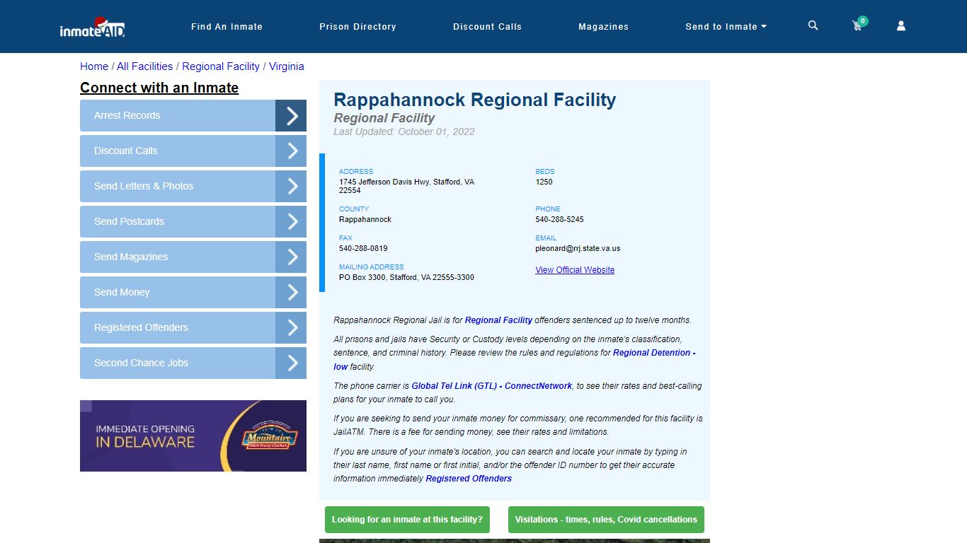 Rappahannock Regional Facility & Inmate Search - Stafford, VA